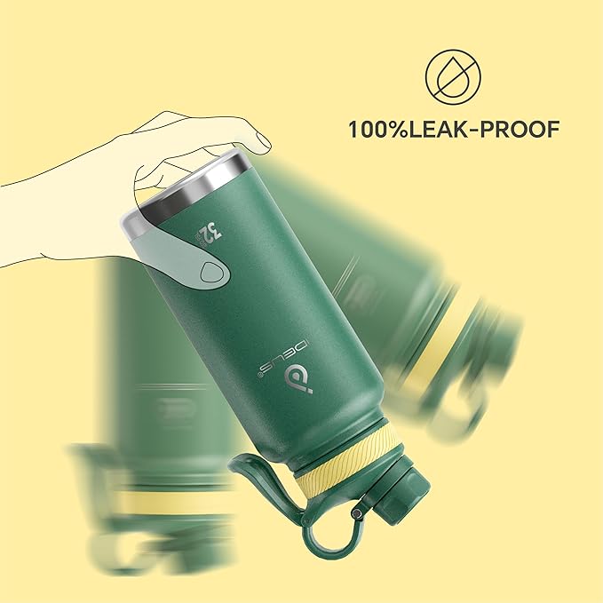 IDEUS Insulated Stainless Steel Water Bottle with 2 Leak-Proof Lids, Thermal Water Flask for Hiking Biking, 32oz, Green