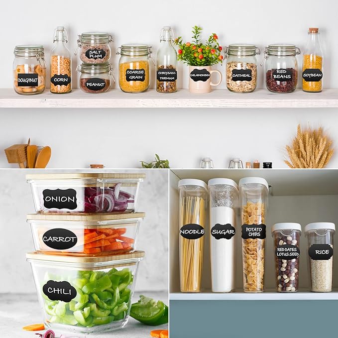 Chalkboard Labels - 180pcs Waterproof Reusable Blackboard Stickers with 2 Free Erasable White Chalk Marker, Mini Decorative Chalk Labels for Jars Containers Kitchen Home Pantry Office