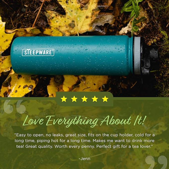 The Tea Spot Steepware Tea Tumbler and Thermos, 22oz, Tea Bottle with tea infuser for loose leaf tea or iced coffee, Sleek Double Wall Tumbler & Insulated Travel Bottle - Olive