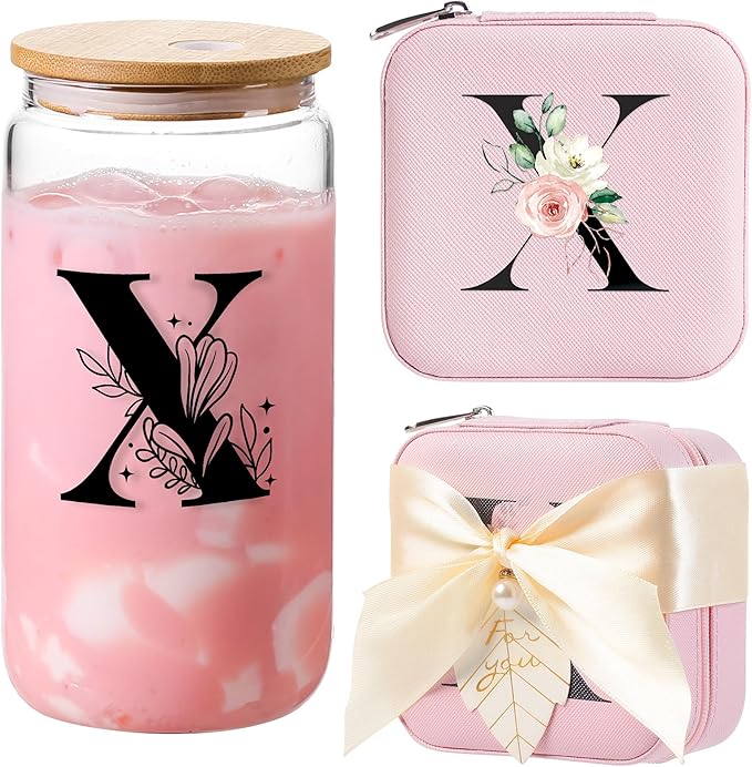 AYGXU Birthday Gifts for Women - Drinking Glass with Bamboo Lids and Straw, Iced Coffee Travel Jewelry Case, Small Jewelry Organizer Box, Initial X Pink
