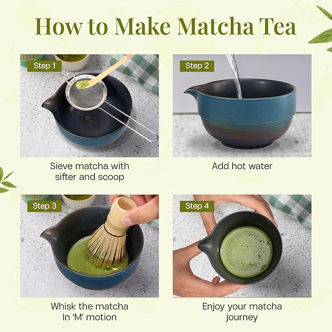 Matcha Whisk Set,includes Matcha Bowl,Matcha Whisk and Holder by Bamboo, Spout, Matcha Sifter Strainer Spoon Scoop Chasen Holder Towel- Perfect Japanese Matcha Set(8 Pcs Blue)