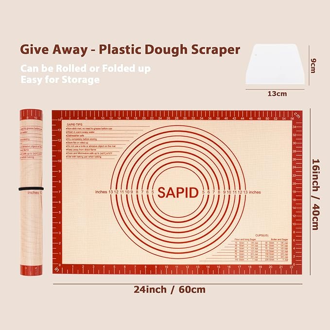 Sapid Extra Thick Silicone Pastry Mat Non-slip with Measurements for Non-stick Silicone Baking Mat Large, Dough Rolling, Pie Crust, Cookies, Kneading Mats, Countertop, Placement Mats (16" x 24", Red)