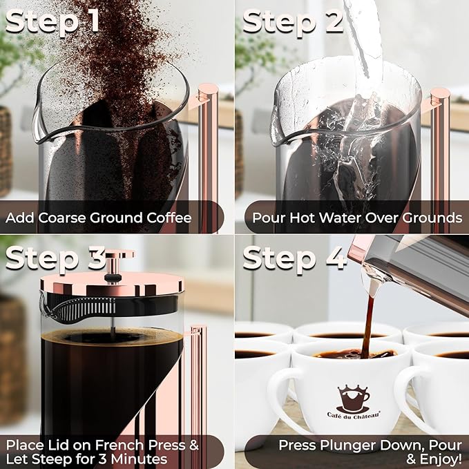 Cafe Du Chateau Stainless Steel French Press Coffee Maker - 34oz Insulated Coffee Press with 4-Level Filtration, BPA Free, Durable Glass, Great for Tea