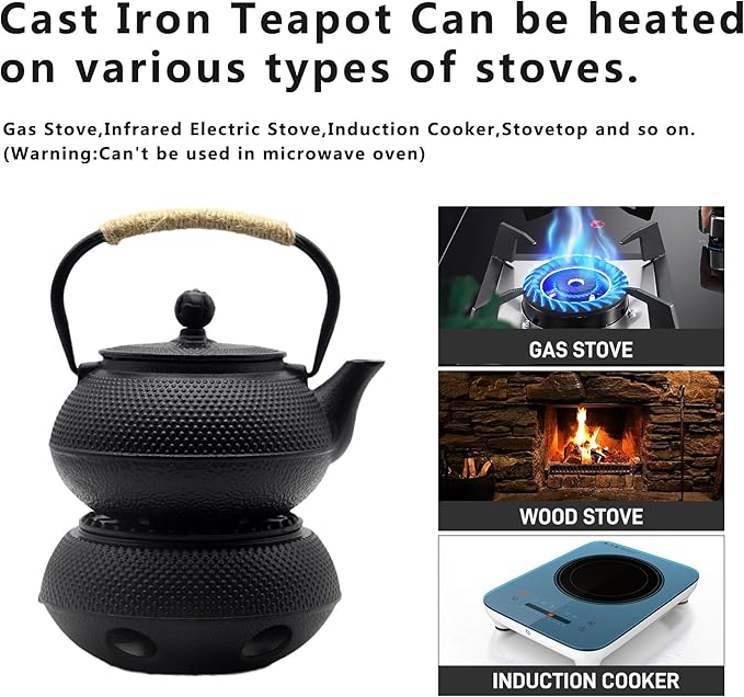 YJX Cast Iron Teapot Set with Cast Iron Warmer, Japanese Tetsubin Tea Kettle Set with Cups,Cast Iron Teapot with Stainless Steel Infuser and Enameled Interior(600ml Teapot Set Combination 1), Black