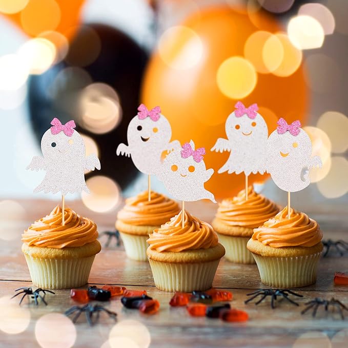 24Pcs Ghost Cupcake Toppers - Pink & White Halloween, Baby Shower, Ghost & Gender Reveal Decorations