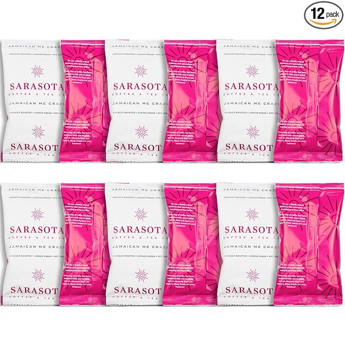 Sarasota Coffee Ground Packets | Gourmet Flavored Medium Roast Grounds Packs | Jamaican Me Crazy | Low Acid Mold Free Individual Single Pot Pouches for 12 Cup Coffee Maker | 2 Ounce Bags, 12 Count