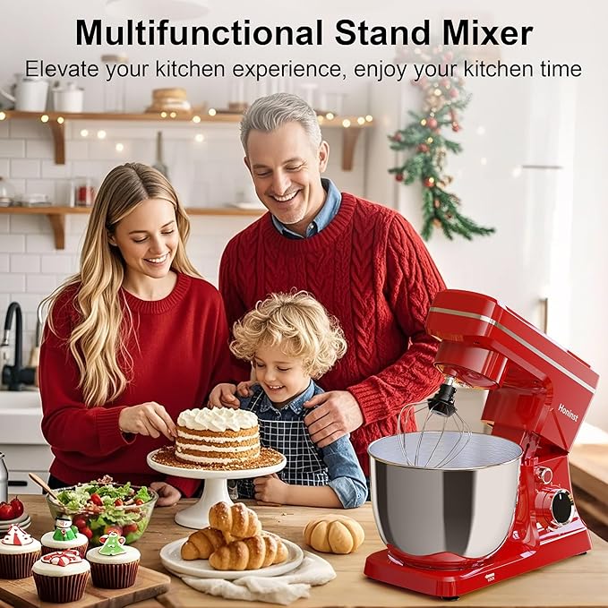 10-Speed Stand Mixer with 8-in-1 Splash Guard, Tilt-Head, 6QT Stainless Steel Bowl + Dishwasher-Safe Dough Hook/Whisk/Beater/Spatula for Baking Bread, Cakes, Cookies, Red
