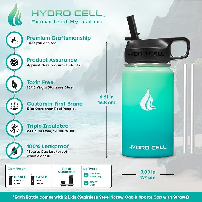 HYDRO CELL Stainless Steel Insulated Water Bottle with Straw - For Cold & Hot Drinks - Metal Vacuum Flask with Screw Cap and Modern Leakproof Sport Thermos for Adults (Mint/Green 14oz)