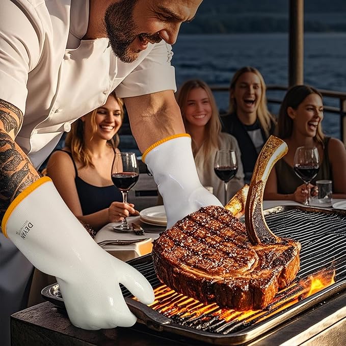 DEYAN Silicone BBQ & Oven Gloves - Food Grade, Heat Resistant Waterproof & Oil Proof Gloves for Grilling, Baking, Frying, Cooking - Long Sleeve & Non-Slip, 1 Pair (White, 9/L)