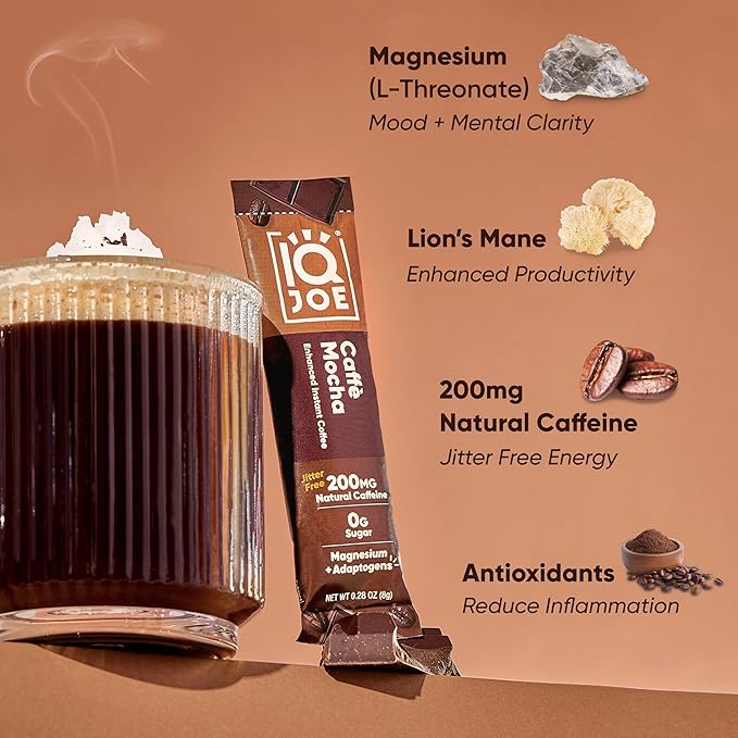 IQJOE Mushroom Coffee Packets (40 Servings) Lion’s Mane, Magtein Magnesium, Antioxidants, Adaptogens - Variety Pack - Instant Coffee for Focus, Clarity, Mood, Energy Boost - Sugar Free, Keto, Vegan