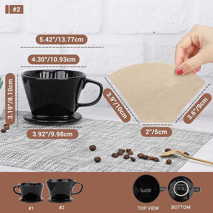 Segarty Pour Over Coffee Maker Set, Single Cup Black Ceramic Coffee Dripper with 200PCS Size #2 Cone Filter Paper, Slow Drip Pourover Brewer for Home Office Travel Camping