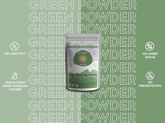 Ancient Roots Green Spirulina Powder - Freeze-Dried, All-Natural, No Sugar Added, Mix with Smoothies, Natural Food Coloring, Resealable Pouch - 10.5 Ounces (75 Servings)