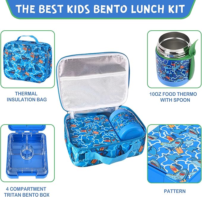 Bento Lunch Box Set With 10oz Soup Thermo, Leak-proof Lunch Containers with 4 Compartment, Kids Hot Thermo Food Jar/Insulation Lunch Bag, Food Containers for School（Shark）
