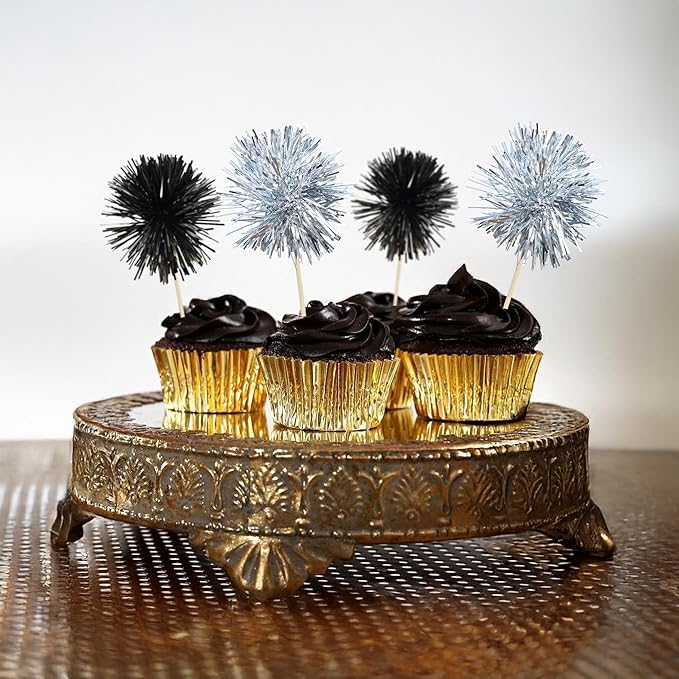 Ephlyn 30Pcs Foil Firework Cupcake Toppers Sparkles Fireworks Sticks Birthday Decorations Sparkle Tinsel Cocktail Fruit Toothpick for Birthday Wedding Graduation Party Cake Decorations Black Silver