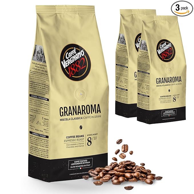 Caffe Vergnano 1882 Gran Aroma Whole Bean Arabica Medium Espresso Roast Coffee, Italian Coffee Beans Notes of Cocoa, Spices and Dried, Intensity 8/10, 3.3 lbs