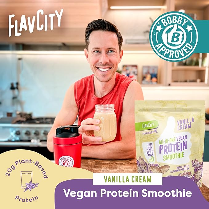 FlavCity All-in-One Vegan Protein Powder Smoothie, Vanilla - Plant-Based Pre-Workout Meal Replacement Shake for Women & Men Made with 20g of Almond Protein - Gluten Free & Dairy-Free