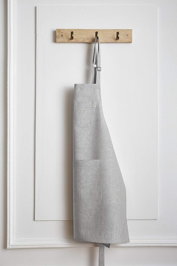Solino Home Linen Bib Apron for Men & Women - 100% Pure Linen Light Grey Kitchen Apron with Front Pockets - Handcrafted from European Flax