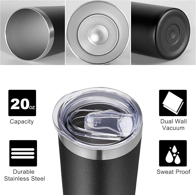 VEGOND Stainless Steel Tumblers Bulk 8 Pack, 20 oz Vacuum Insulated Skinny Tumblers with Lid and Straw, Double Wall Coffee Mug, Travel Water Cup, Black