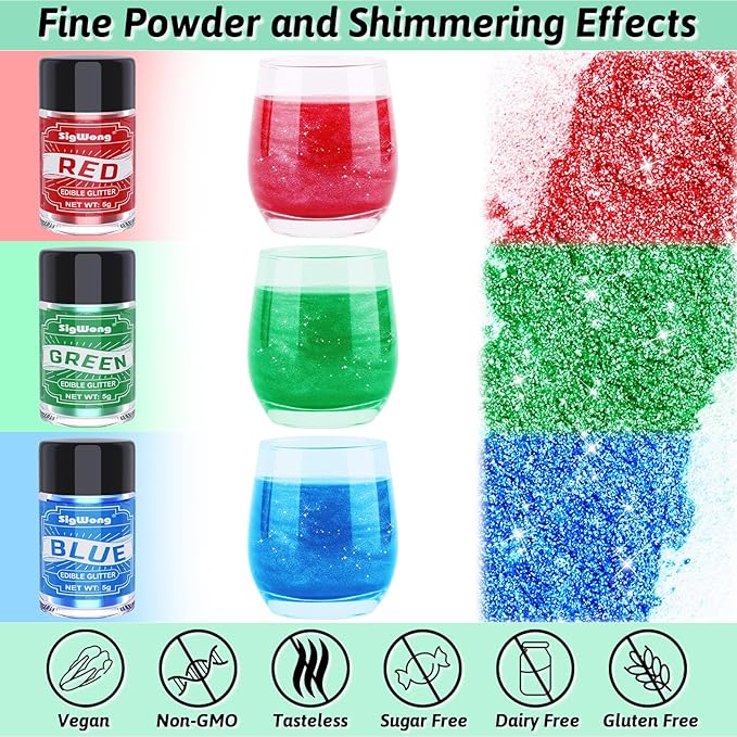 Edible Glitter Set, 3 Colors Luster Dust Edible Glitter, Food Grade Metallic Food Decorating Sprinkle Dust for Drinks Wine, Powder Glitter for Fondant, Chocolate, Candy, Cookie, 5g/0.18oz, Vegan