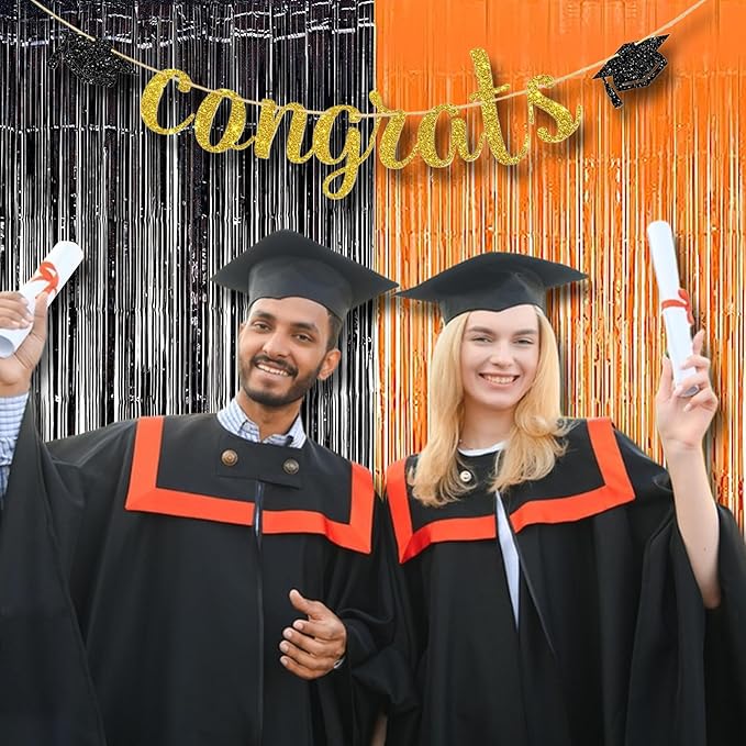 BRAVESHINE 1 Black 1 Orange Tinsel Photo Backdrop Curtains - 3.2x8.2ft Foil Fringe Streamer Curtain for Birthdays, Halloweens, Graduations, Pumpkin, Home, Indoor or Outdoor Party Supplies Decorations
