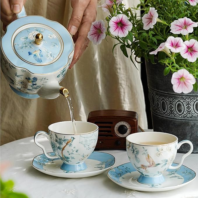 Bone China Tea Set, Porcelain Tea Sets for Adults, Blue and White Bone China Tea Cup Set for 6, Vintage Tea Sets for Women Tea Party
