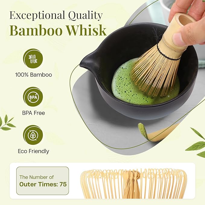 Matcha Whisk Set,includes Matcha Bowl,Matcha Whisk and Holder by Bamboo, Spout, Matcha Sifter Strainer Spoon Scoop Chasen Holder Towel- Perfect Japanese Matcha Set(8 Pcs White)