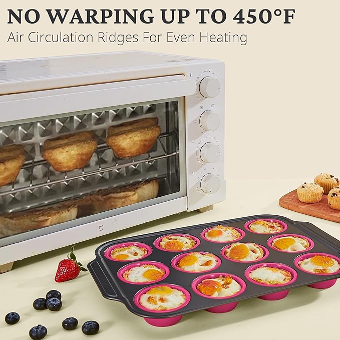 BRONYPRO Silicone Muffin Pans for Baking with Metal Frame, Egg Bite Molds, Cupcake Pans 12 Regular Size, Muffin Tins Easy to Pop Nonstick Non Toxic Bakeware for Oven,Rose Pink