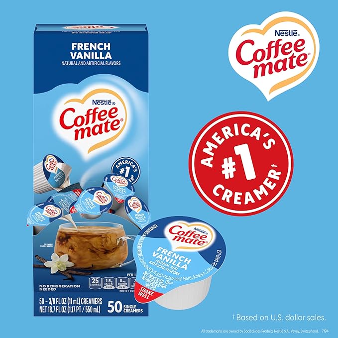 Nestle Coffee mate Coffee Creamer, French Vanilla, Liquid Creamer Singles, Non Dairy, No Refrigeration, 0.375 fl oz Tubs (Pack of 200)