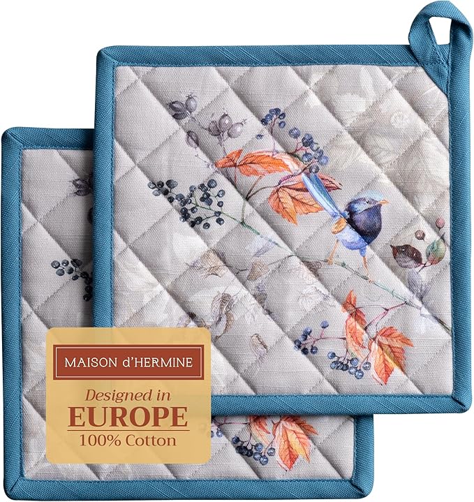 Maison d' Hermine Pot Holders Set 100% Cotton Heat Resistant Potholders 8" x 8" Hot Pads with Loop BBQ, Cooking, Baking, Grilling, Kitchen, Handling Hot Pans (Pack of 2, Equinoxe - Grey)