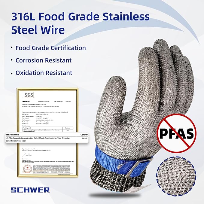 Schwer SlicePro ANSI A9 Cut Resistant Glove PR1706, Stainless Steel Mesh Metal Glove, Food Grade for Kitchen Cooking, Butcher Meat Cutting, Oyster Shucking, Mandoline, Fishing, Non-PFAS (M, 1 PCS)
