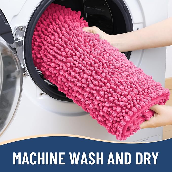 Arotive Luxury Chenille Bathroom Rug Mat, Extra Soft Thick Absorbent Shaggy Bath Rugs, Non-Slip Machine Wash Dry, Plush Bath Mats for Bathroom, Shower and Tub, 30x17, Deep Pink
