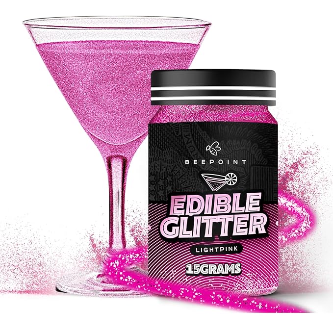 BeePoint Pink Edible Glitter for Drinks 15g - Food Grade, Vibrant Color Shimmer Powdered Dust for Drinks, Cocktails, Cake Decorating, Baking, Chocolates, Candy, Sweets, & Cookies - Vegan & Gluten Free