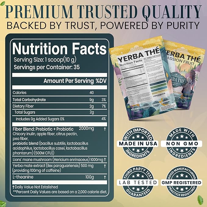 Ancient Diosa - Yerba Mate Tea Powder 350g, 35-Servings - Passion Fruit Flavor Clean Energy Drink Superfood - Support Gut Health, Probiotics and Prebiotics, Reduce Brain Fog, Relaxation & Focus Blend