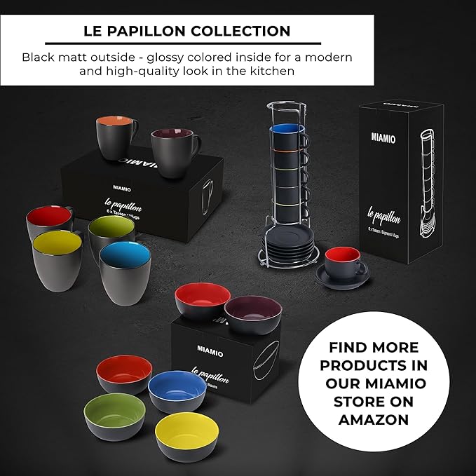 MIAMIO - 2.5 oz Espresso Cup Set with Saucers Coffee Mug Set of 6 - Ceramic Coffee Mug Stackable Espresso Mug with Stand for Coffee Drinks, Latte, Cafe Mocha - Le Papillon Collection (Colorful)