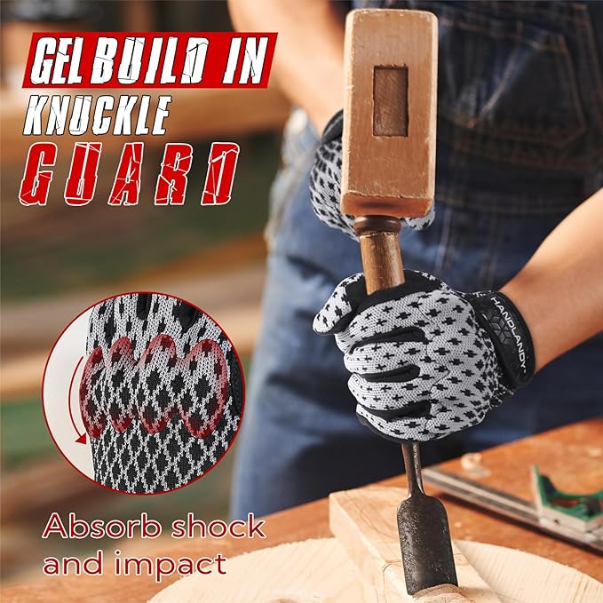 HANDLANDY Mens Work Gloves Touch screen, Utility Mechanic Gloves, Flexible Breathable Fit- Padded Knuckles & Palm
