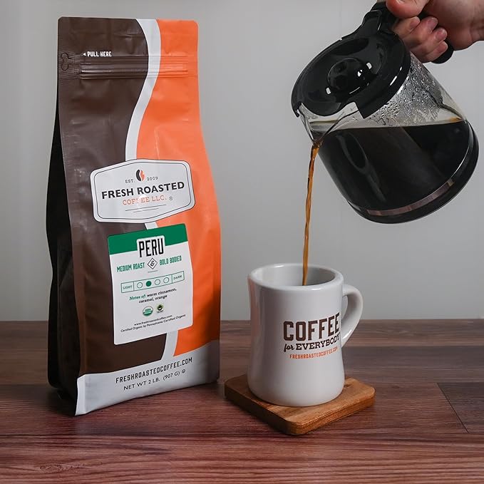 Fresh Roasted Coffee, Organic Peru | Mold & Myco 3rd Party Tested, USDA Organic, Kosher | Med Roast 2 lb (32 oz) Ground