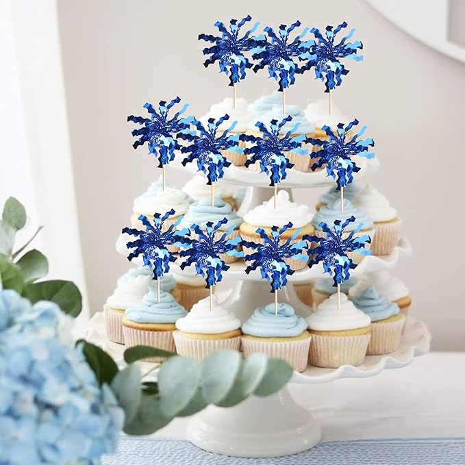 30 PCS Foil Firework Cupcake Toppers Sparkle Tinsel Cupcake Picks Happy Birthday Cake Toppers Drink Stirrers Cocktail Fruit Toothpicks for Baby Shower Birthday Party Decorations Supplies Dark Blue