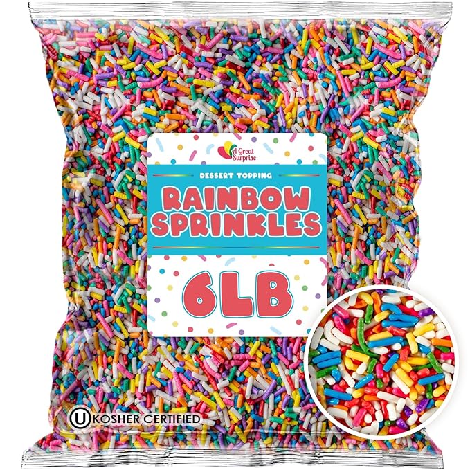 A Great Surprise Rainbow Sprinkles Bulk - 6 Pounds - Bulk Rainbow Jimmies - Kosher - Decorating Cookies, Ice Cream Toppings, Cake