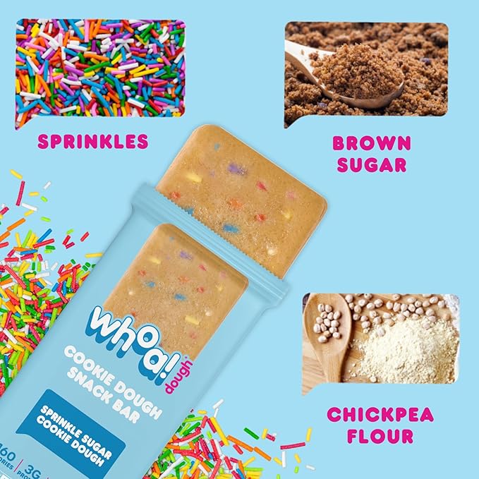 Whoa Dough Edible Cookie Dough Bars- Certified Non-GMO, Kosher and Gluten Free Bars - Healthy Snack Foods - Plant Based Snacks Made With Real Ingredients - Sprinkle Sugar Cookie Dough - 10 Pack