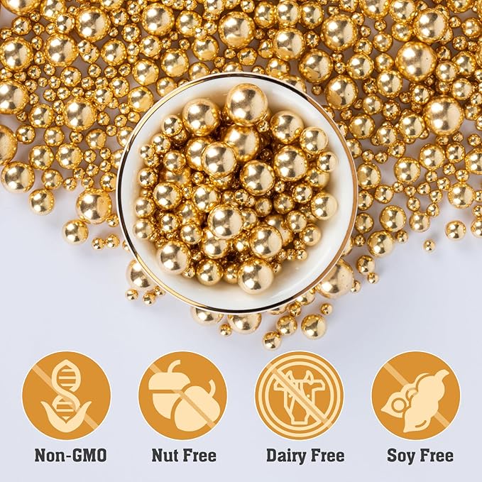 Twisweet Gold Pearl Sprinkles for Cake Decorating, Edible Sugar Pearls for Baking, Mix Size, Cake Topper Cupcake Cookie Ice Cream Dessert Decorations, Valentines Birthday Christmas Supplies (130g/4.58oz)