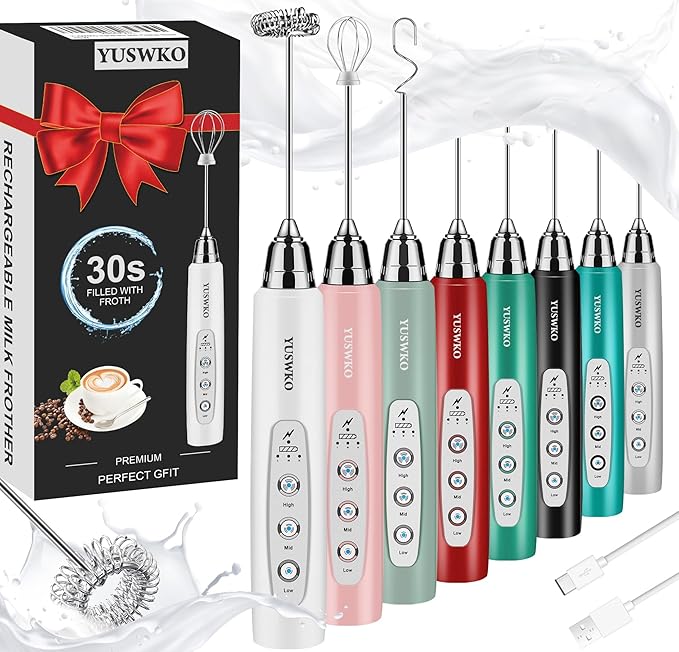 YUSWKO Milk Frother Handheld for Coffee, Rechargeable Drink Mixer with 3 Heads 3 Speeds Electric Coffee Frother Whisk, Gift for Many Occasions and Festival