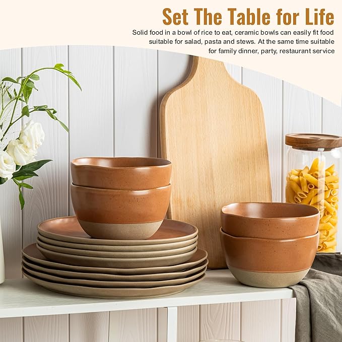 12 Pieces Dinnerware Sets,Plates and Bowls Sets, Handmade Reactive Glaze Dishes Set for 4 with at Least 10% Recycled Ceramic(Brownish Red)
