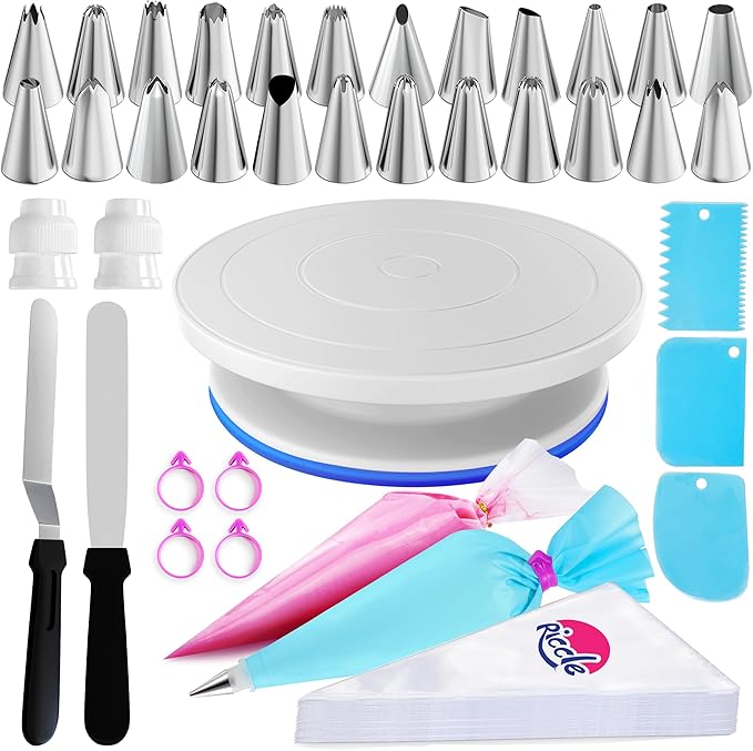 Riccle 88 pcs Cake Decorating Kit with Blue Cake Turntable - Includes 50 Disposable + 2 Reusable Piping Bags and Tips Set, 24 Icing Piping Tips, 2 Spatulas, 3 Icing Comb Scraper (Blue)