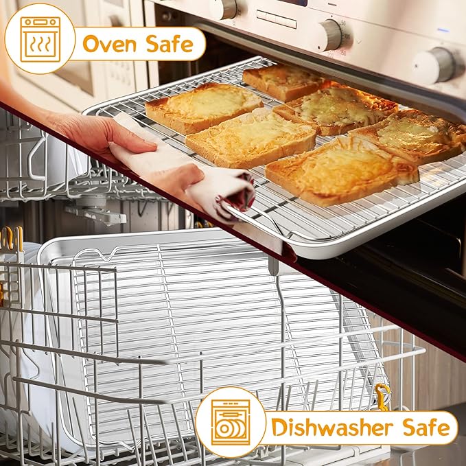 P&P CHEF 17.5 Inch Stainless Steel Baking Sheet with Rack Set (2 Pans+ 2 Racks), Cookie Sheets Baking Trays and Cooling Wire Racks, Oven & Dishwasher Safe, Pans with Flat Racks