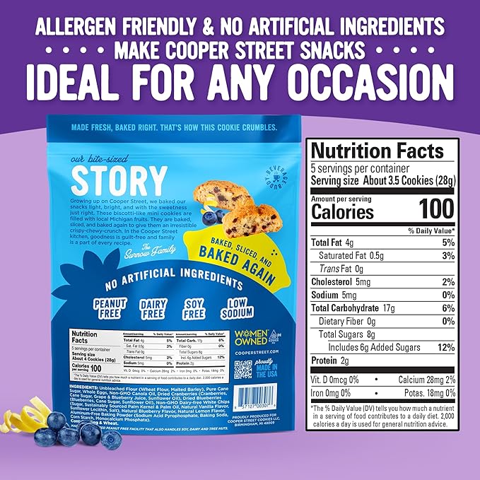Cooper Street Twice Baked Lemon Blueberry Biscotti Cookies - Light, Crispy Mini Biscotti Cookies Ideal with Coffee - Traditional Low Calorie Italian Snacks - Kosher, Dairy, Peanut & Soy Free (6 Pack)
