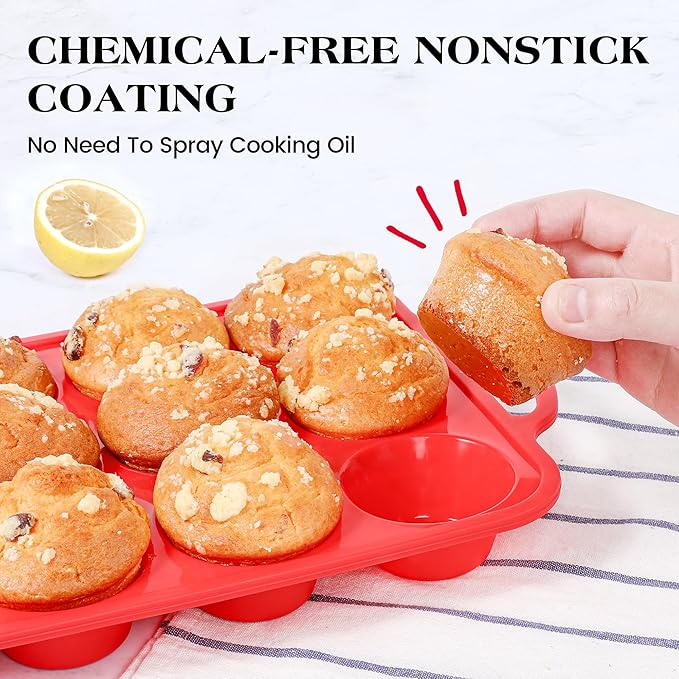 1 Pc Silicone Muffin Pan for Baking with Metal Frame, Nonstick 12 Cup Regular Size Cupcake Pan, Silicone Muffin Tray for Egg Bites (Red)