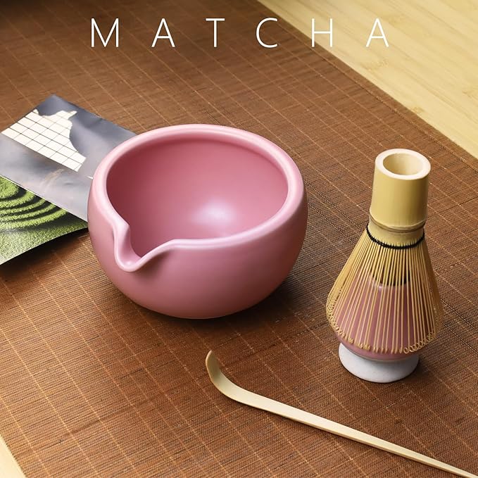 Artcome Complete Matcha Tea Ceremony Kit - Bowl, Whisk, Whisk Holder, Tea Scoop - For Usucha, Koicha, Matcha Latte (Pink)