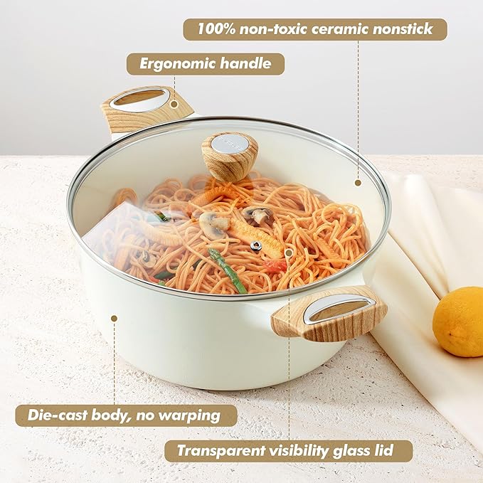 SENSARTE Ceramic Nonstick Stock Pot with Lid, 2.6/4.5/6.6 QT Soup Pot Casserole Pot, Non-toxic Healthy Pasta Pot, Large Cooking Pot Stew Pot, Induction Compatible, PFOA PFAS PTFE Free, White
