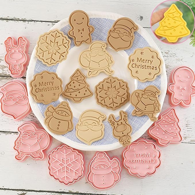 8Pcs Christmas Cookie Cutters, 3D Plastic Snowflake, Santa, Tree, Snowman Design Biscuit Mould and Cutters