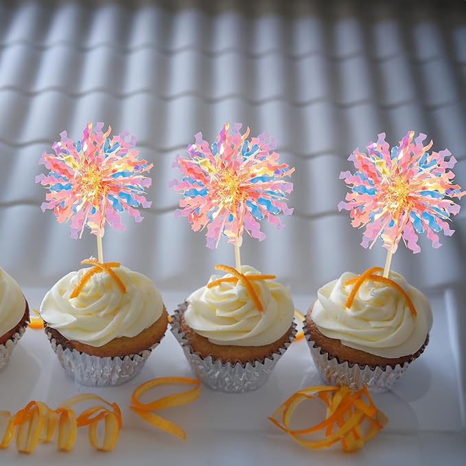 Ephlyn 30Pcs Foil Firework Cupcake Toppers Happy Birthday Cake Toppers Tinsel Flower Drink Stirrers Cocktail Food Fruit Toothpicks for Valentine's Day Party Decorations Orange